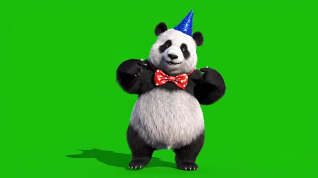 High quality 3D animation of a happy dancing bear wearing a festive party hat and bright bow tie the bear sways and steps rhythmically with expressive movements and cheerful energy standing upright on