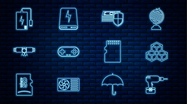 Set line Drill machine, Isometric cube, Money protection, Gamepad, Diploma rolled scroll, Power bank, Micro SD memory card and icon. Vector