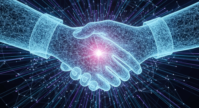 Digital handshake, futuristic technology, global network connection, business partnership