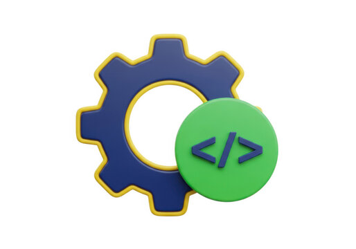 A gear icon with a green coding symbol on the front