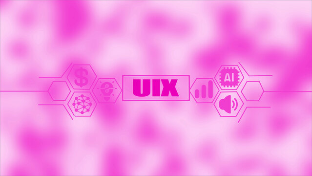 UIX acronym with technology including dollar sign lightbulb network AI and speaker on a blurred pink abstract background representing digital innovation and user experience