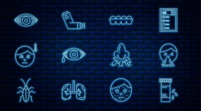 Set line Medicine bottle and pills, Handkerchief to his runny nose, Chicken egg box, Reddish eye allergic conjunctivitis, High human body temperature, Runny and Inhaler icon. Vector