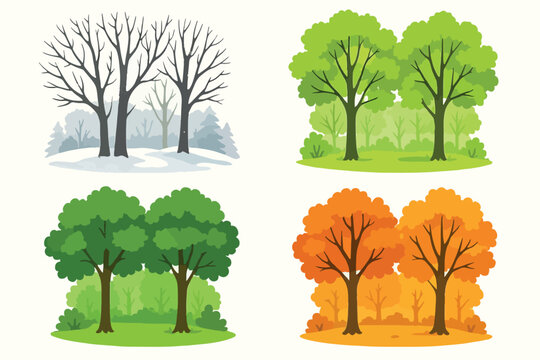 Four seasons trees illustration of winter, spring, summer and autumn. Seasonal nature vetor art