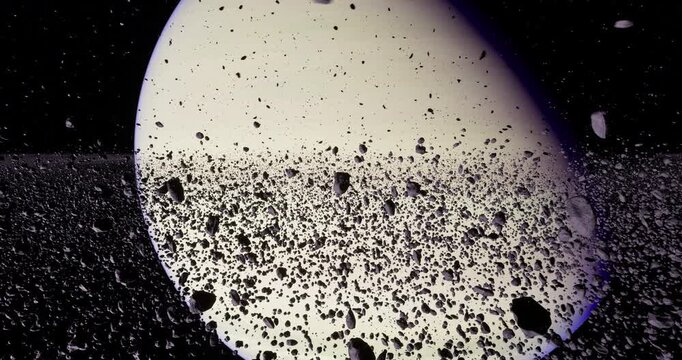 A captivating view of a vast asteroid belt floating in space, illuminated by a distant planet. Rocks and debris are scattered against a dark backdrop, showcasing the essence of the cosmos.