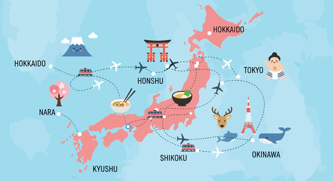 Japan travel map illustration with landmarks and transportation icons