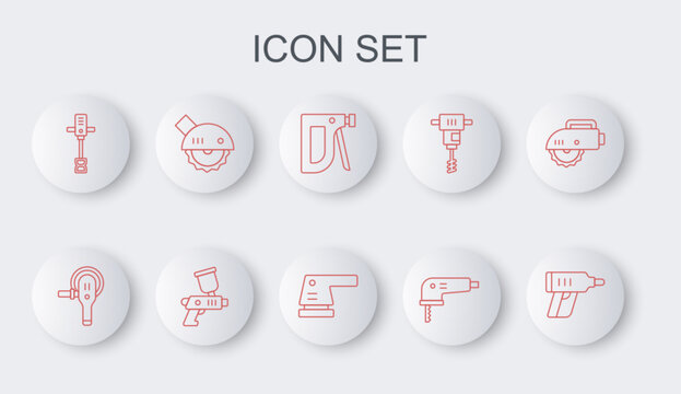 Set line Electric cordless screwdriver, Angle grinder, Construction stapler, jigsaw, Electrical hand concrete mixer, circular, Paint spray gun and sander icon. Vector