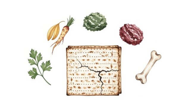 Watercolor Passover Seder plate elements arranged on white.