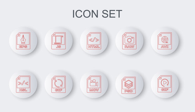 Set line GIF file document, XSL, HTML, PSD, EPS, JS, and MOV icon. Vector