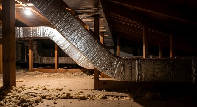Abandoned industrial space with exposed ductwork and debris
