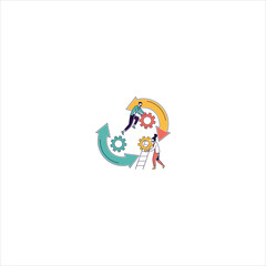 Fototapeta premium Teamwork and business process automation concept with people managing gears and circular arrows, professional collaboration for workflow efficiency and synergy vector illustration on white Background.