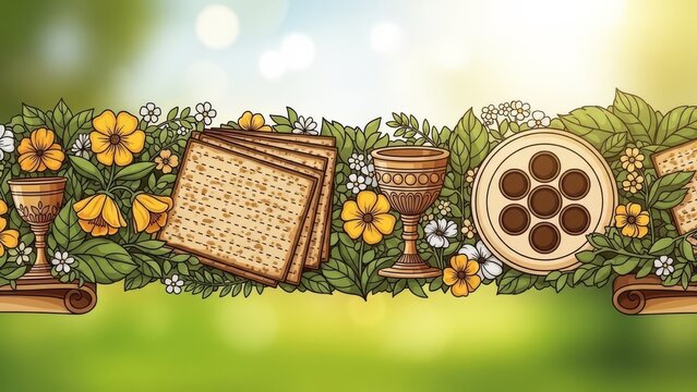 Passover Seder plate with matzah, wine cups, and flowers on green background