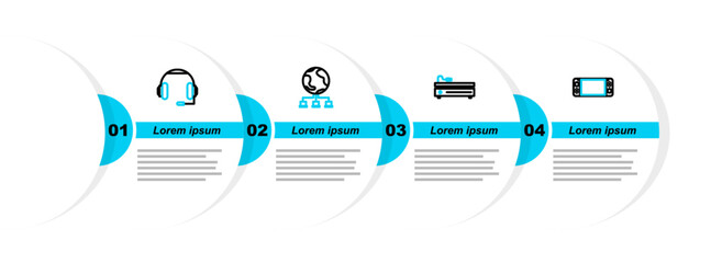 Set line Portable video game console, Video, Computer network and Headphones icon. Vector © vector_v