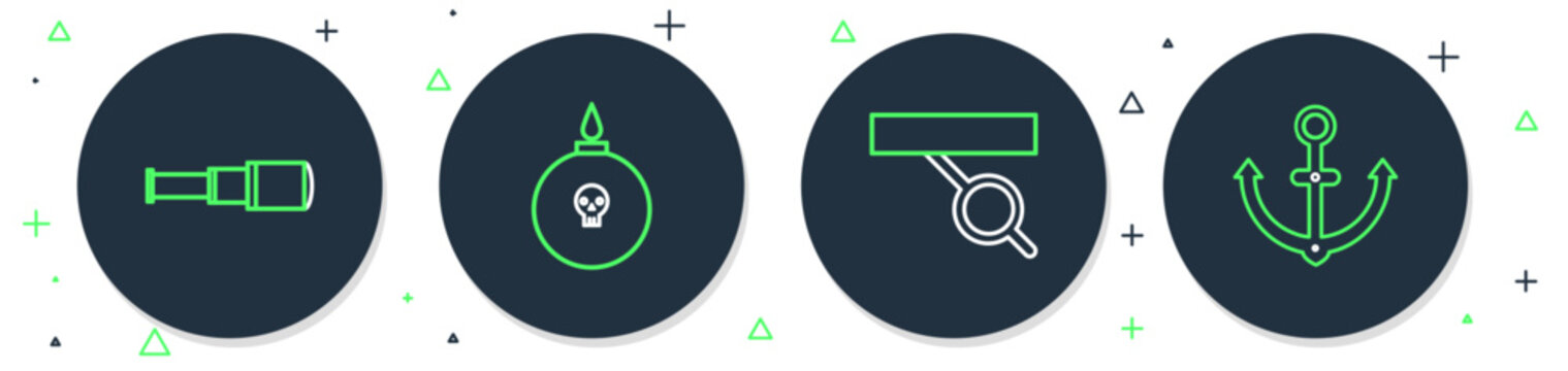 Set line Bomb ready to explode, Pirate eye patch, Spyglass telescope lens and Anchor icon. Vector