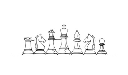 Continuous one line drawing chess pieces set strategy vector illustration © MdAiyub