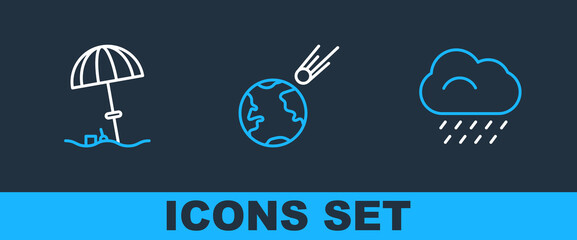Set line Cloud with rain, Sun protective umbrella for beach and Comet falling down fast icon. Vector © vector_v