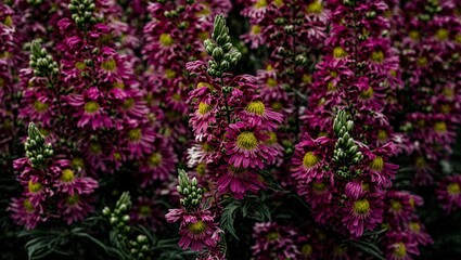 Obraz premium Striking close up of vibrant deep magenta and pink spiky flowering plants showcasing delicate yellow centers against a dark botanical background featuring many blooms.