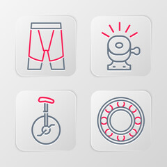 Set line Bicycle ball bearing, Unicycle or one wheel bicycle, bell and Cycling shorts icon. Vector © vector_v