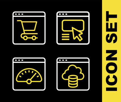 Set line UI or UX design, Cloud technology data transfer, Digital speed meter and Online shopping on screen icon. Vector