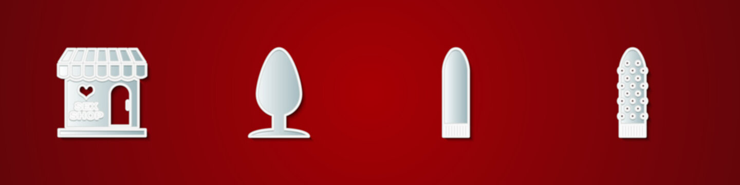 Set Sex shop building, Anal plug, Dildo vibrator and icon. Vector