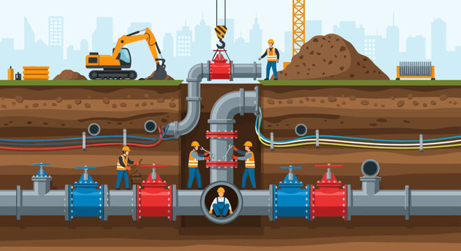 Construction workers installing large pipes and valves underground with excavators and construction equipment in the background