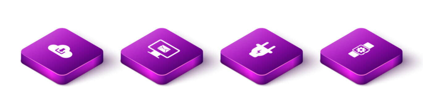 Set Isometric Cloud download, Monitor and envelope, Electric plug and Smartwatch setting icon. Vector