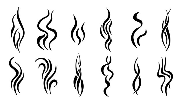 Doodle steam and smoke icon set with aroma waves vector illustration set. Linear symbols for hot coffee, cooking scent, and fragrance effects in hand-drawn outline graphic style.