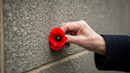 A person in a dark coat places a red poppy against a stone wall.