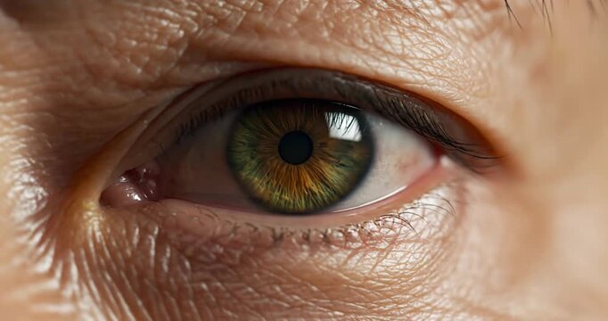 Detailed Close-up of a Beautiful Green Human Eye with Visible Iris and Eyelashes, showing intense focus.