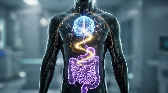 Gut-brain axis connection concept. 3D medical illustration showing the neurological link between the human brain and digestive system
