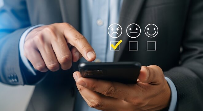 Person in a business suit is shown using a smartphone to select an angry emoji, indicating low customer satisfaction and negative feedback on a digital review platform.