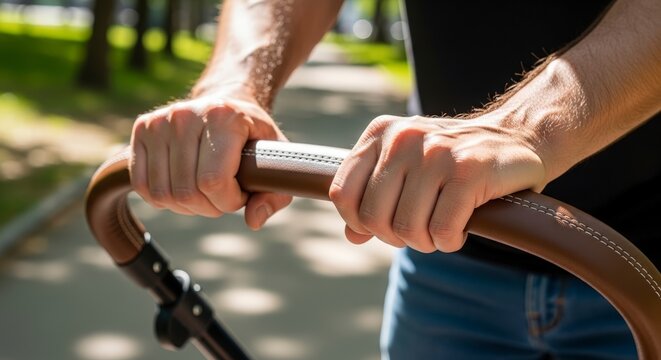 Man holding bicycle handlebars outdoors.