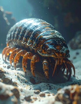 Giant Isopod Crawling on Ocean Floor, Deep Sea Creature, Marine Life, Underwater Photography.