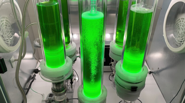 Glowing green bio reactor with food lab sample in illuminated laboratory
