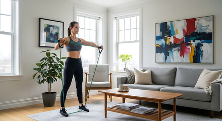 Fototapeta premium A woman exercising with a resistance band in a bright, modern living room.