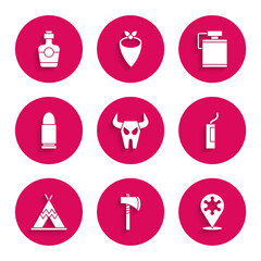 Set Buffalo skull, Tomahawk axe, Hexagram sheriff, Dynamite bomb, Indian teepee or wigwam, Bullet, Canteen water bottle and Tequila icon. Vector © Oksana