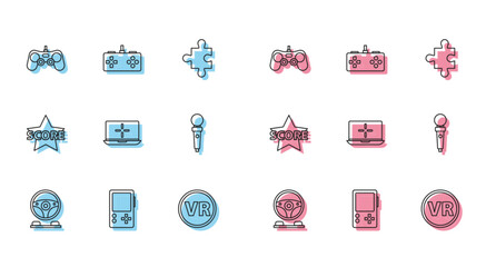 Set line Racing simulator cockpit, Portable video game console, Gamepad, Virtual reality glasses, Laptop, Joystick for arcade machine, Star and icon. Vector © Oksana