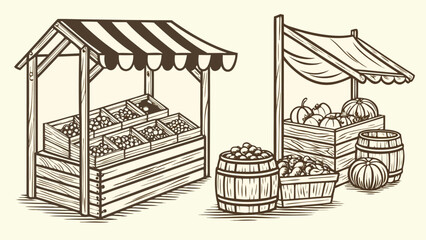 Obraz premium Vintage Farmers Market Stall Illustration Set Hand Drawn Vegetable Stand Sketch Collection