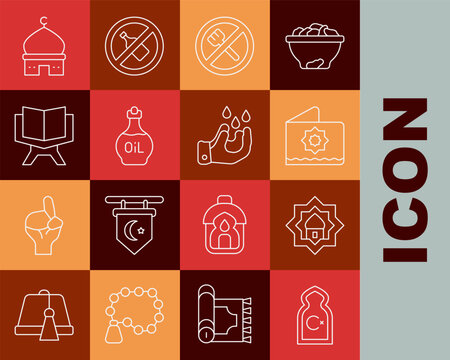 Set line Muslim Mosque, Octagonal star, Ramadan fasting, Essential oil bottle, Holy book of Koran, and Wudhu icon. Vector