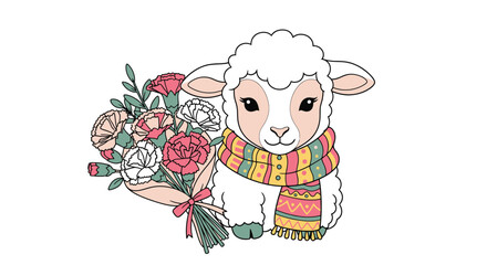 Naklejka premium Adorable Lamb with Flowers - A Charming Illustration of Spring.