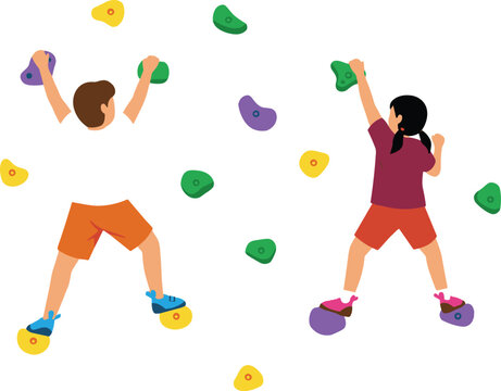 Cartoon children climbing indoor rock wall with colorful holds in vector illustration of fitness and recreation activity