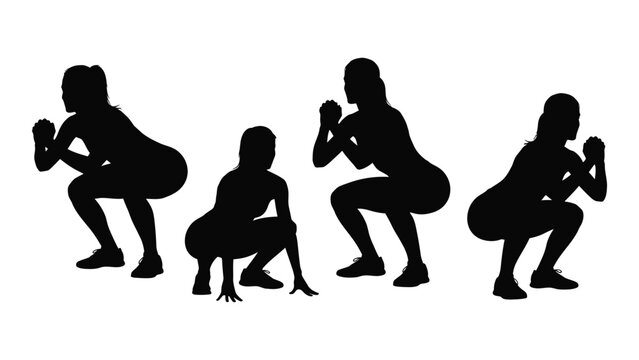 Silhouette illustration depicting three people performing squat exercises in a sequence