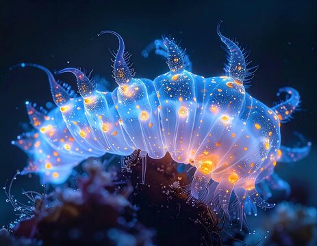 Bioluminescent Marine Worm Glowing in the Deep Ocean.