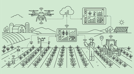 Obraz premium Smart Farming Agriculture Technology Line Vector Illustration