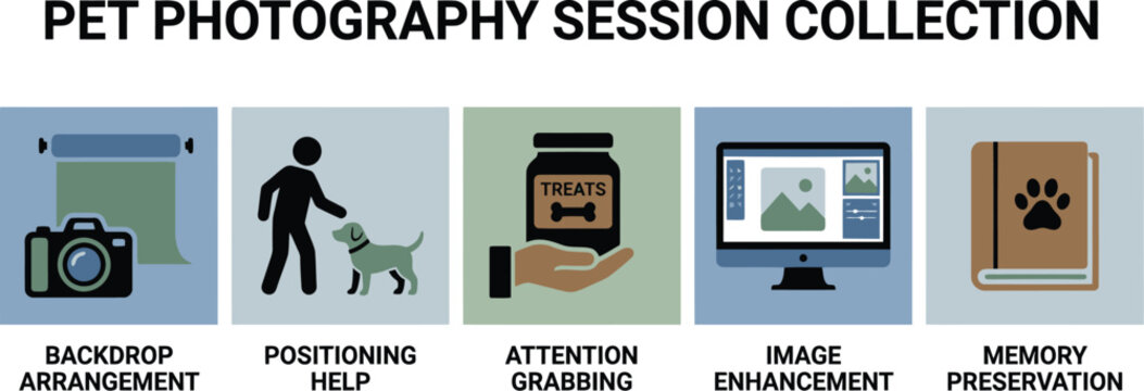 Five visual steps summarize the essential tasks in a pet photography workflow, including arranging the set, handling the animal, and finalizing images.