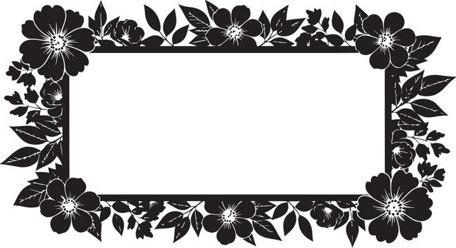 Black floral border frame, rectangular flower wreath, decorative leafy illustration, vector graphic