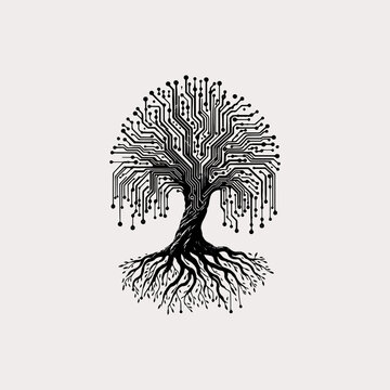 Circuit tree silhouette with roots vector illustration