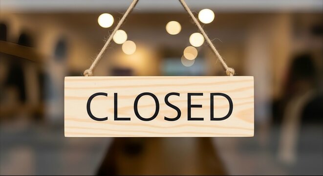 Wooden closed sign hanging on entrance door of boutique shop