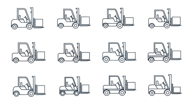 Forklift Truck Icons Set, Warehouse Logistics, Delivery Service, Industrial Machinery