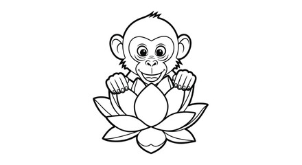 Fototapeta premium Monkey Meditating on Lotus Flower - A Peaceful Cartoon Illustration.