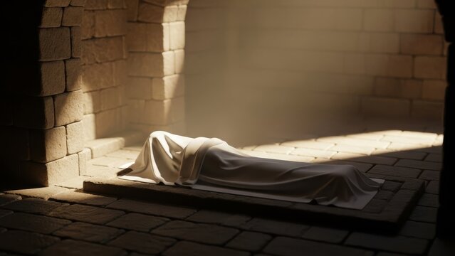 Figure covered by cloth lying on stone slab in ancient tomb